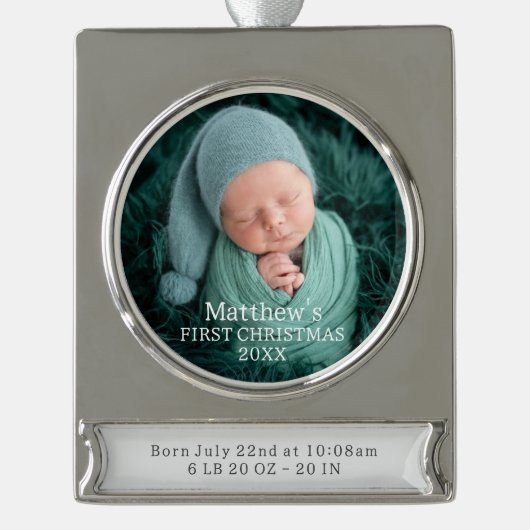 エレガント男の赤ちゃん誕生の統計初めてのクリスマス シルバープレートバナーオーナメント (正面)