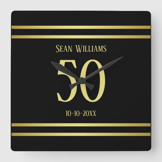 エレガント男らし金ゴールドとブラック誕生日 スクエア壁時計 (正面)