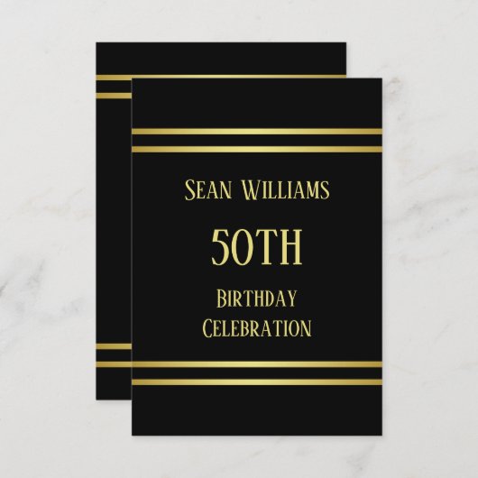 エレガント男らし金ゴールドとブラック誕生日 招待状 (正面/裏面)