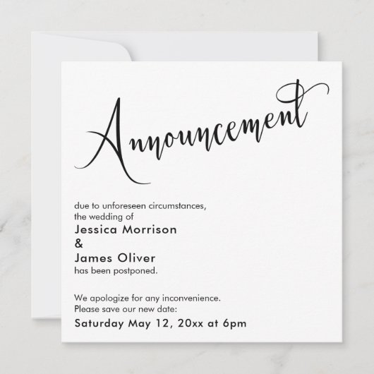 「エレガント発表」の延期結婚カード 招待状 (正面)
