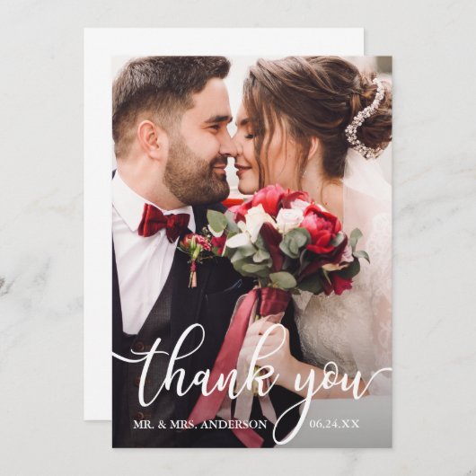 エレガント白い原稿の結婚式の写真カードありがとう サンキューカード (正面/裏面)