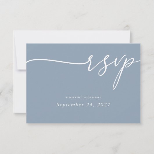 エレガント白い書がダスティーブルー結婚ズ 出欠カード (正面)