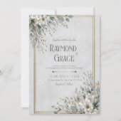 エレガント白い花と金ゴールドのフレ結婚ーム 招待状 (正面)