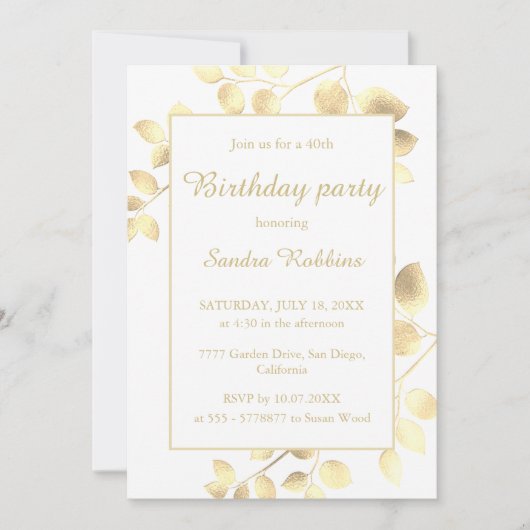 エレガント白い金葉の誕生日の招待 招待状 (正面)