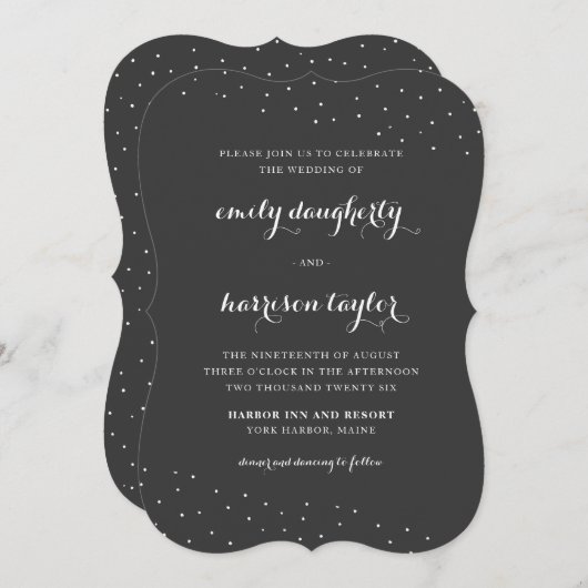 エレガント白と白と繊細なドット結婚の 招待状 (正面/裏面)