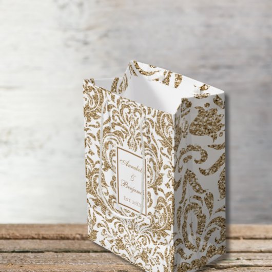 エレガント白と金ゴールドフェイクの結婚グリッター ミディアムペーパーバッグ