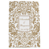 エレガント白と金ゴールドフェイクの結婚グリッター ミディアムペーパーバッグ (正面)