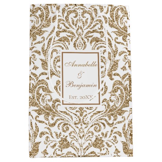 エレガント白と金ゴールドフェイクの結婚グリッター ミディアムペーパーバッグ (正面)