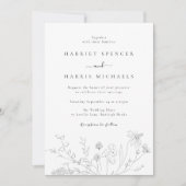 エレガント白と黒の野モダン花結婚の 招待状 (正面)