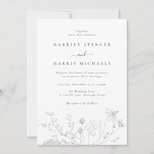 エレガント白と黒の野モダン花結婚の 招待状 (正面)
