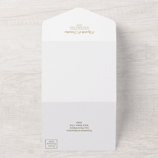 エレガント白のカールと渦巻き結婚形 オールインワン招待状 (外側)