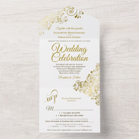 エレガント白のカールと渦巻き結婚形 オールインワン招待状 (内側)