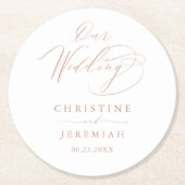 エレガント白のローズ金ゴールドエレガントスクリプ結婚ト ラウンドペーパーコースター (正面)