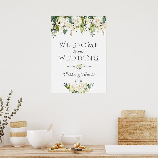 エレガント白クリーム花結婚歓迎のサイン ポスター (キッチン)