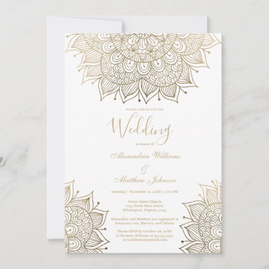 エレガント白シック金ゴールドフローラ結婚マンダラ 招待状 (正面)