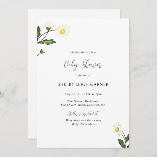 エレガント白シンプルデイジーフローラガールベビーシャワー 招待状 (正面/裏面)