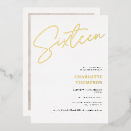 エレガント白シンプルモダン写Sweet 16金ゴールド 箔招待状