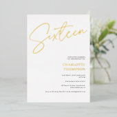 エレガント白シンプルモダン写Sweet 16金ゴールド 箔招待状 (立ち正面)