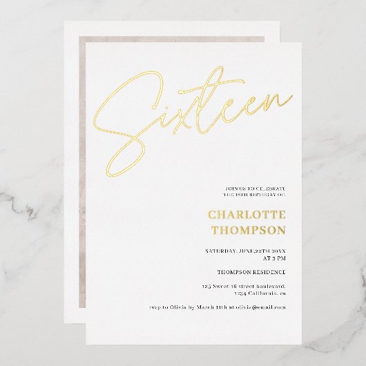 エレガント白シンプルモダン写Sweet 16金ゴールド 箔招待状 (正面/裏面)