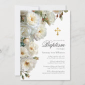 エレガント白バラと金ゴールドクロスバプテスマ 招待状 (正面)