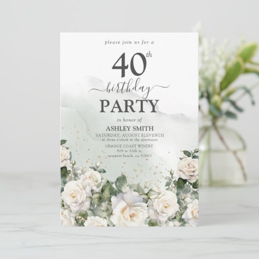 エレガント白バラ&緑40歳の誕生日 招待状 (スタンド正面)