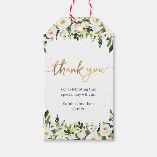 エレガント白バラ&金ゴールド結婚ズサンキューラベル ギフトタグ (正面)