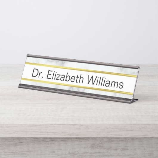 エレガント白フェイク大理石と金ゴールド文字テンプレート デスクネームプレート (正面)