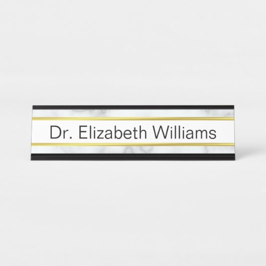 エレガント白フェイク大理石と金ゴールド文字テンプレート デスクネームプレート (正面)