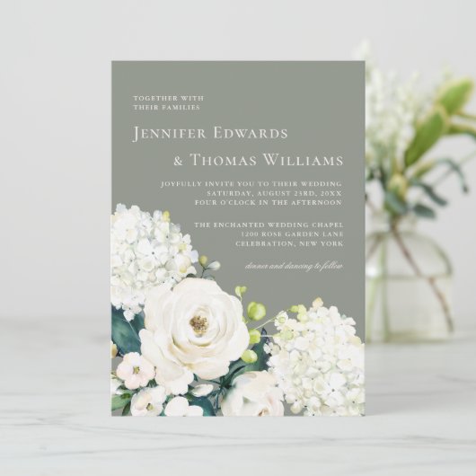 エレガント白フローラオンSage Green結婚's 招待状 (スタンド正面)
