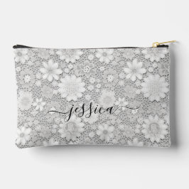 エレガント白フローラレースパターンスクリプト名 アクセサリーポーチ
