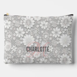 エレガント白フローラレースパターンモノグラム名 アクセサリーポーチ