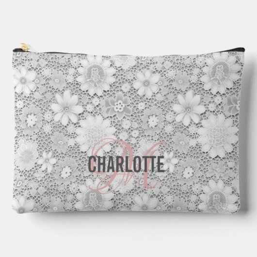 エレガント白フローラレースパターンモノグラム名 アクセサリーポーチ (正面)