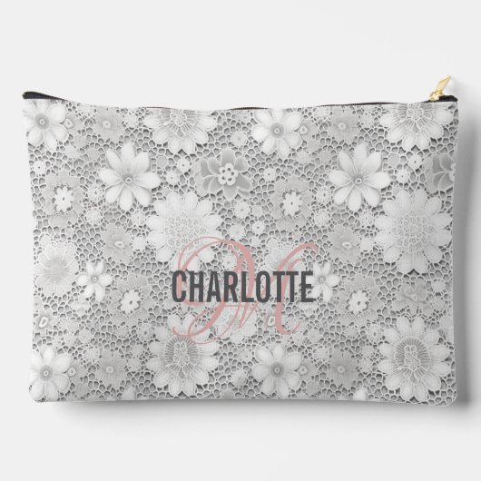 エレガント白フローラレースパターンモノグラム名 アクセサリーポーチ