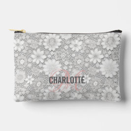 エレガント白フローラレースパターンモノグラム名 アクセサリーポーチ