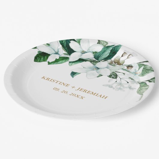 エレガント白フローラ緑結婚色 ペーパープレート (アングル)
