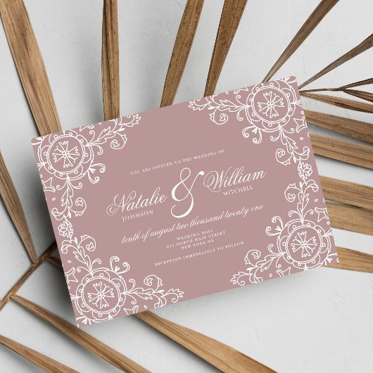 エレガント白マウベピンクフローラ結婚オーナメント 招待状