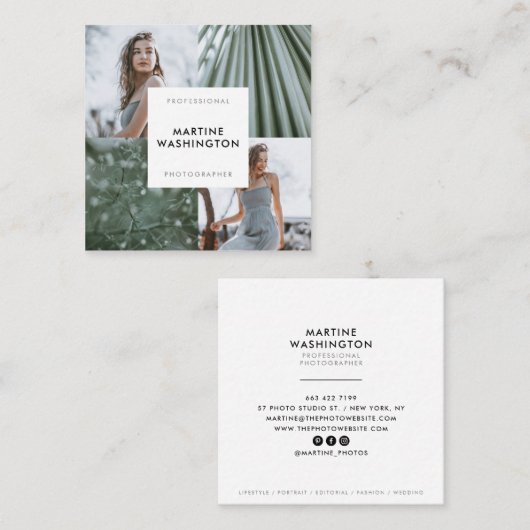 エレガント白ミニマル写モダン写真家 スクエア名刺 (正面/裏面)