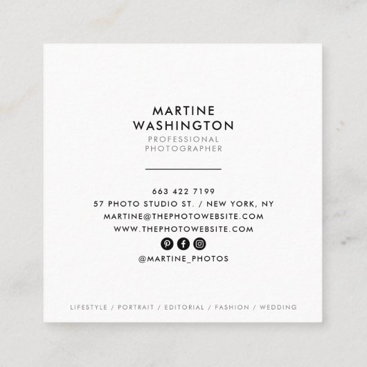 エレガント白ミニマル写モダン写真家 スクエア名刺 (裏面)
