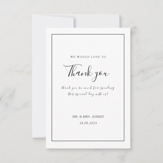 エレガント白ミニマル黒枠ムスリム結婚ズ サンキューカード (正面)