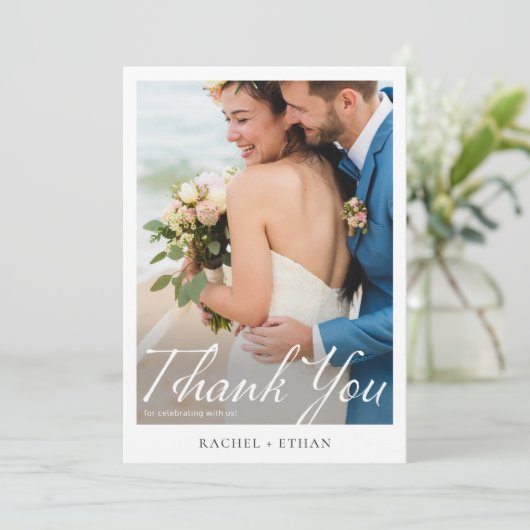 エレガント白モダン文字結婚写真 サンキューカード (スタンド正面)