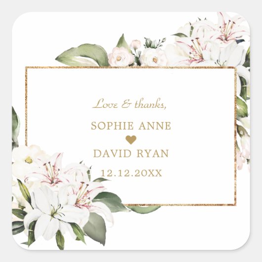 エレガント白ユリ金ゴールド結婚ズ スクエアシール (正面)