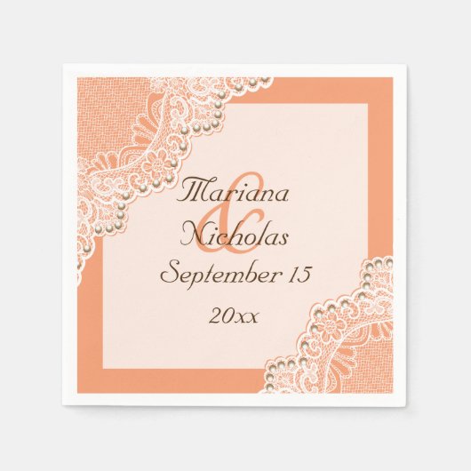 エレガント白レース&パール結婚オレンジ スタンダードカクテルナプキン (正面)