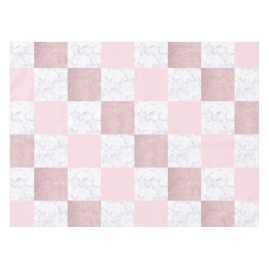 エレガント白大理石&バラ金ゴールド市松模様にグリッター テーブルクロス (正面(横))