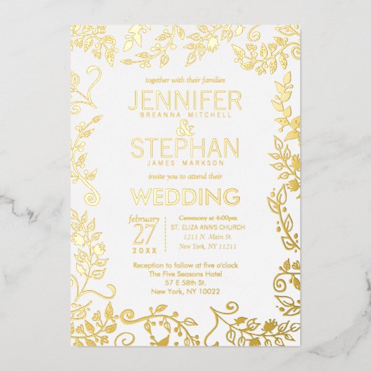 エレガント白実在金ゴールド結婚フローラ 箔招待状 (正面)