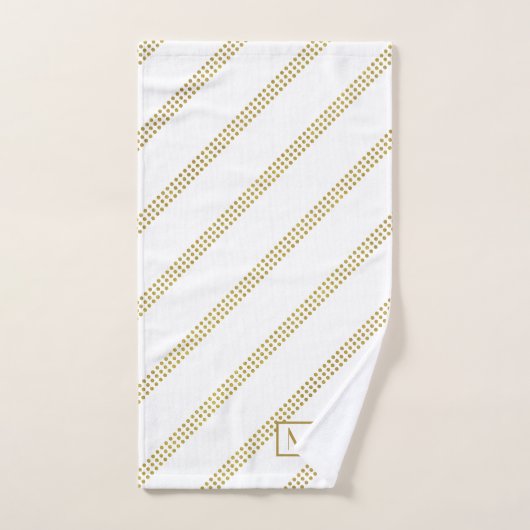 エレガント白点々のあるモダン金ゴールド線モノグラムの バスタオルセット (ハンドタオル)