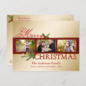 エレガント白熱［赤熱］光を放つ金ゴールドメリークリスマスの写真カード シーズンポストカード (正面/裏面)