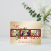 エレガント白熱［赤熱］光を放つ金ゴールドメリークリスマスの写真カード シーズンポストカード (スタンド正面)