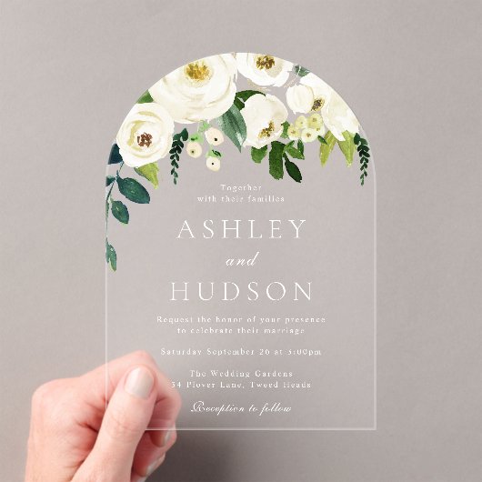 エレガント白結婚植物門 アクリル招待状 (インサイチュ (ポータブル))