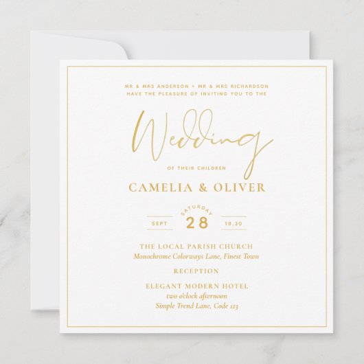 エレガント白華美金ゴールドス結婚クエアクラシックズI 招待状 (裏面)