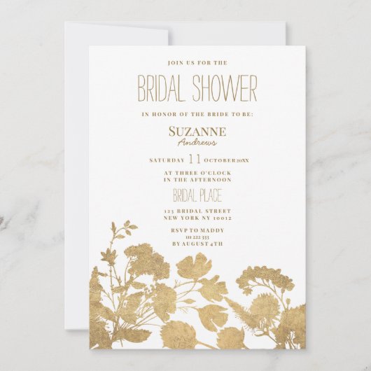 エレガント白金ゴールドワイルドフラワー高級ブライダルシャワー 招待状 (正面)